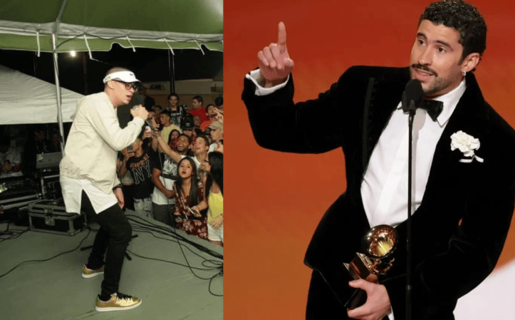 Benito Antonio Martínez Ocasio durante la presentación en la Playa de Vega Baja en el 2016 y al lado, al recibir sus tres Grammys el pasado 1 de febrero de 2026.